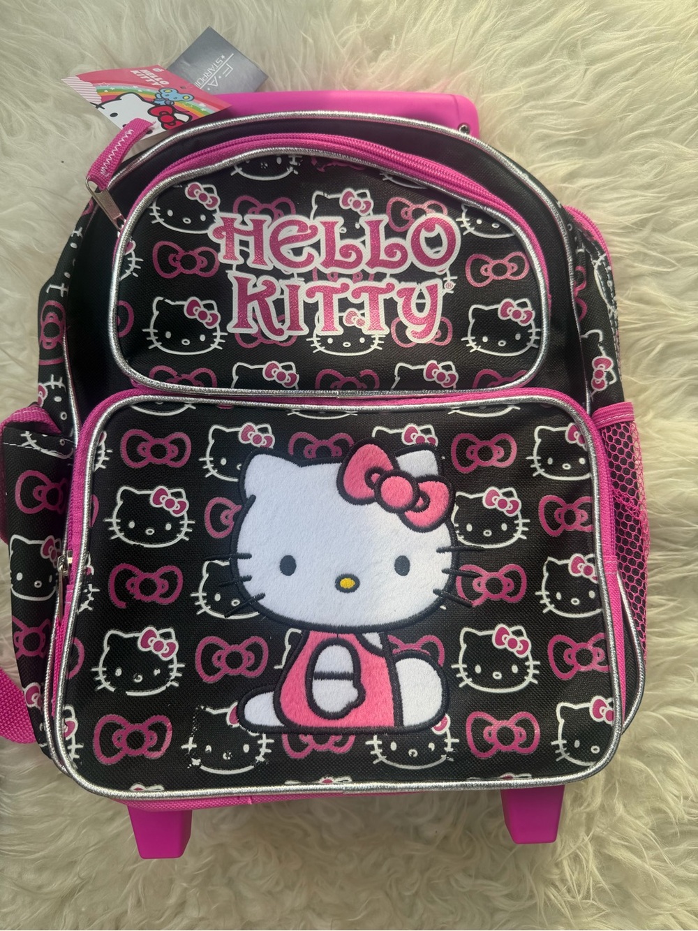 Vintage Y2K 12inch Hello Kitty Pink Black White Rolling Backpack